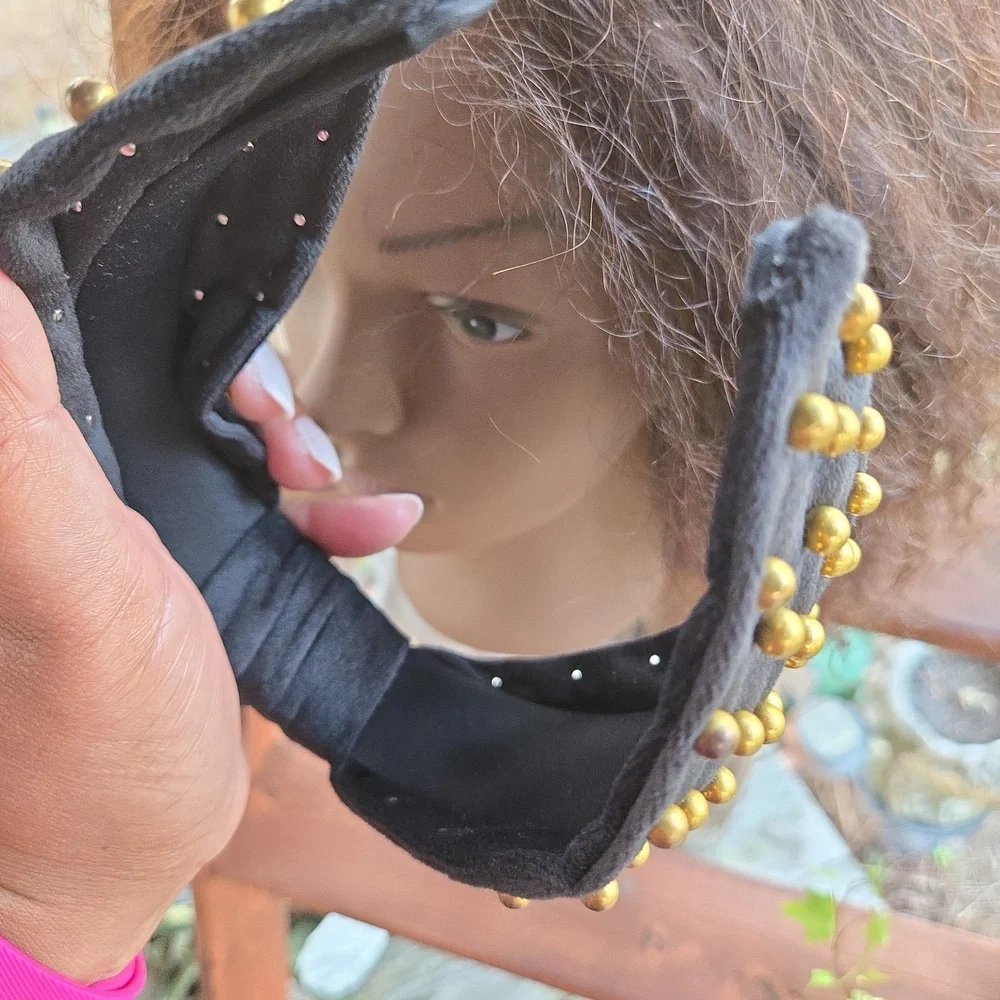 Black top knot wide chunky headband dotted with gold studs Y2K